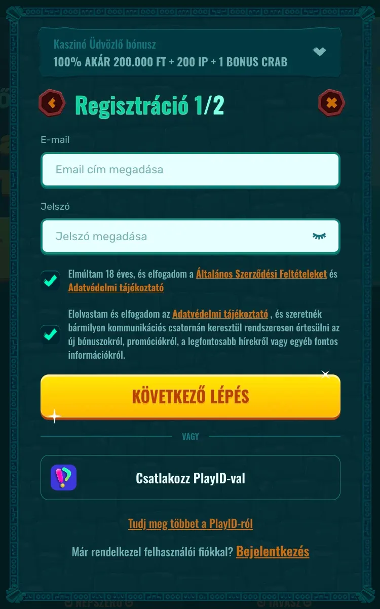 A Spinanga casino regisztrációs űrlapja